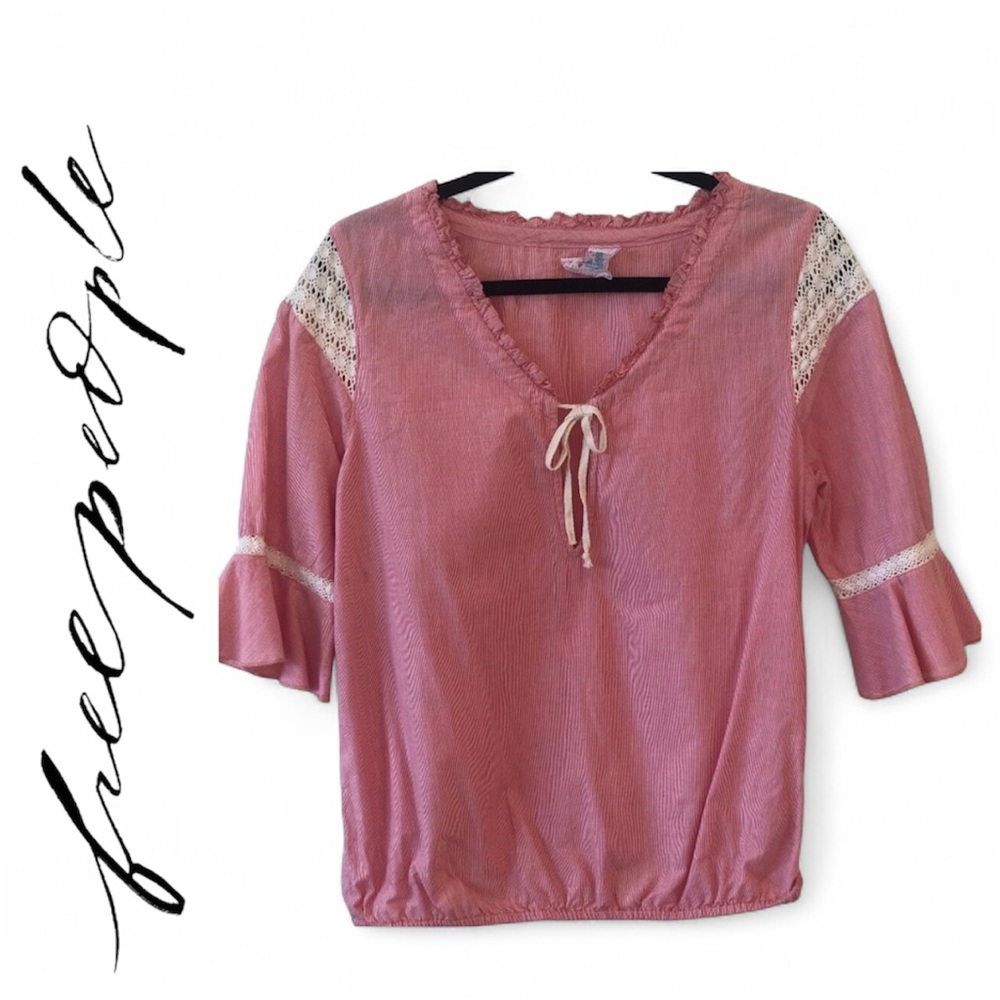 Vintage Free People Red & White Stripe Shirt with Bell Sleeves & Crochet Detail
